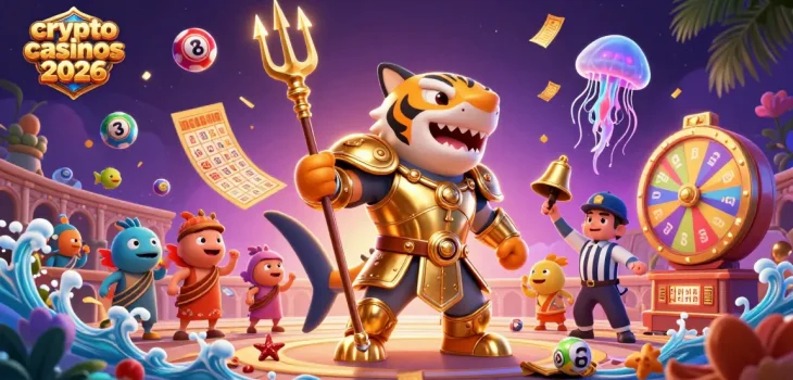 Découvrez les crypto casinos 2026 avec un tigre requin en armure dorée dans un décor de coliséum sous-marin.