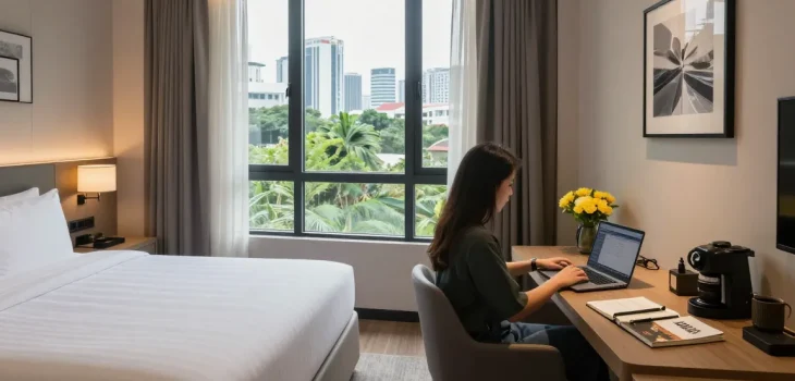 Experience the comfort of ROKOK88 with serene hotel room ambiance in Kebayoran Baru.