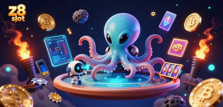 Engage in thrilling z8 slot action with an alien octopus at a holographic poker table in space.