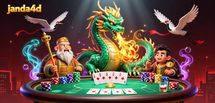Janda4d menghadirkan suasana permainan poker yang penuh warna dengan naga hijau dan karakter cerdas.