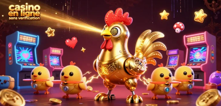Jeux de casino en ligne sans vérification avec un robot coq futuriste et des drones de poussin