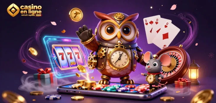 Illustration dynamique de casino en ligne retrait rapide 2026 avec un hibou voyageur et des éléments de jeu